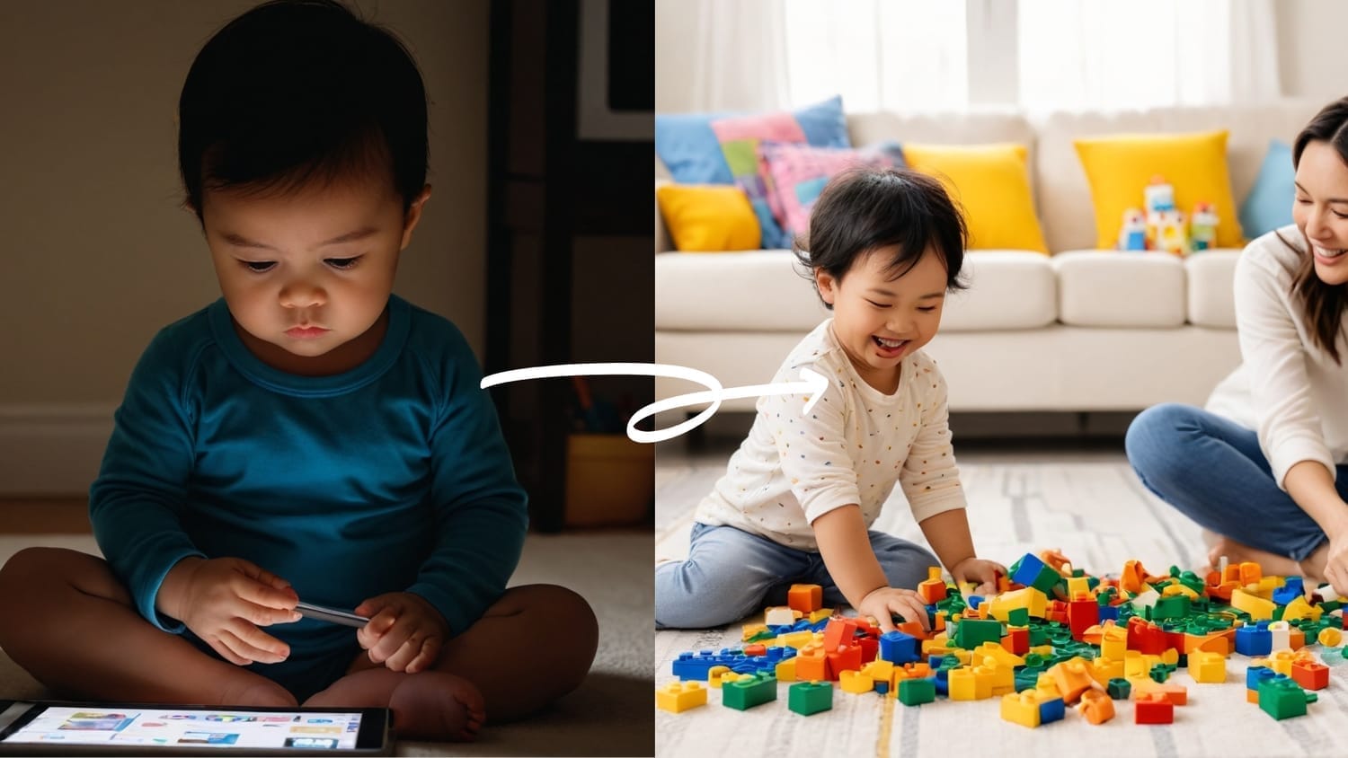 Antes: criança isolada no tablet. Depois: criança brincando com a mãe.